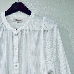Madewell White Shimmer Stripe Peasant Top Women’s Size Small Button Down EUC